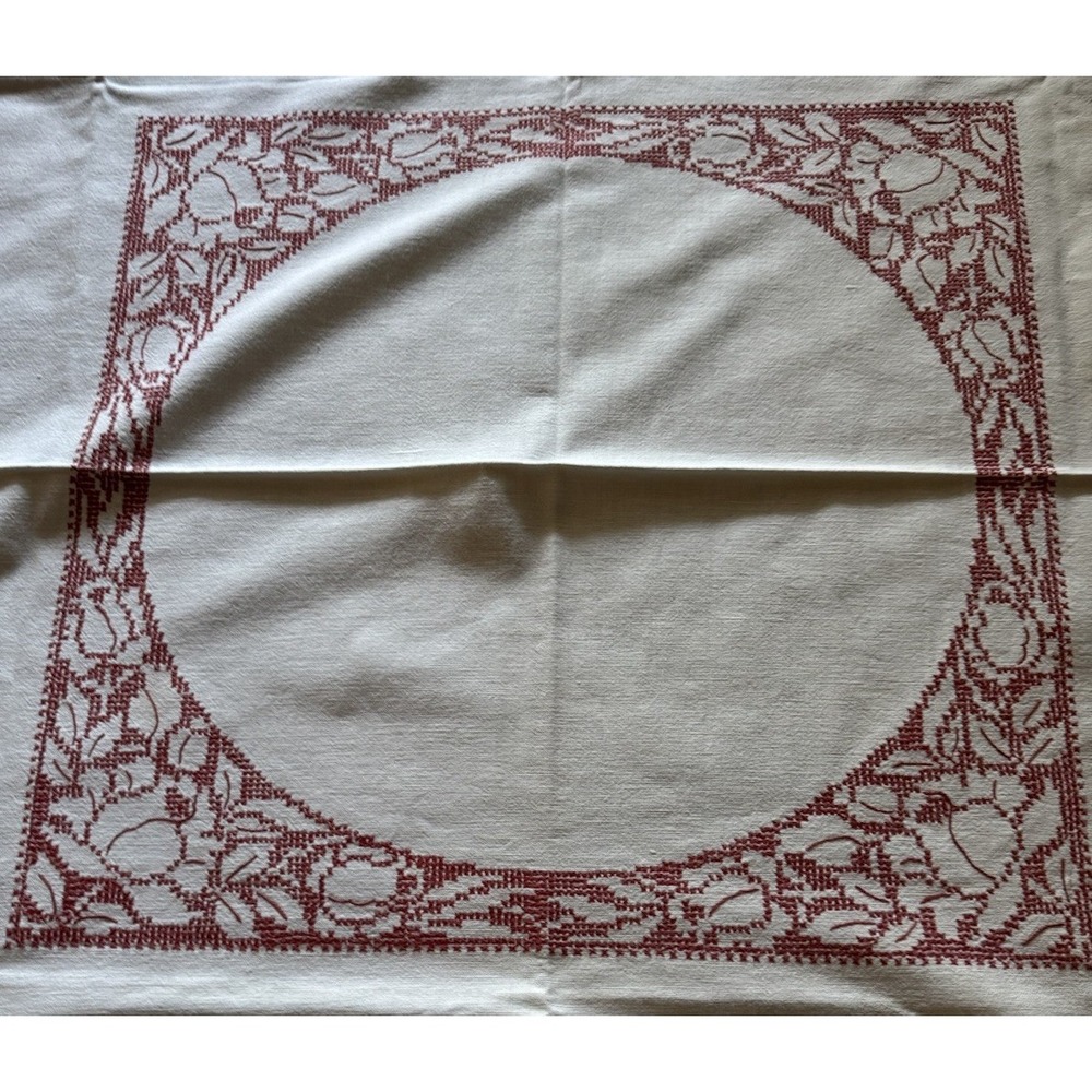 Vintage White Linen Tablecloth With Hand Embroidered Red Cross Stitch Folk Art